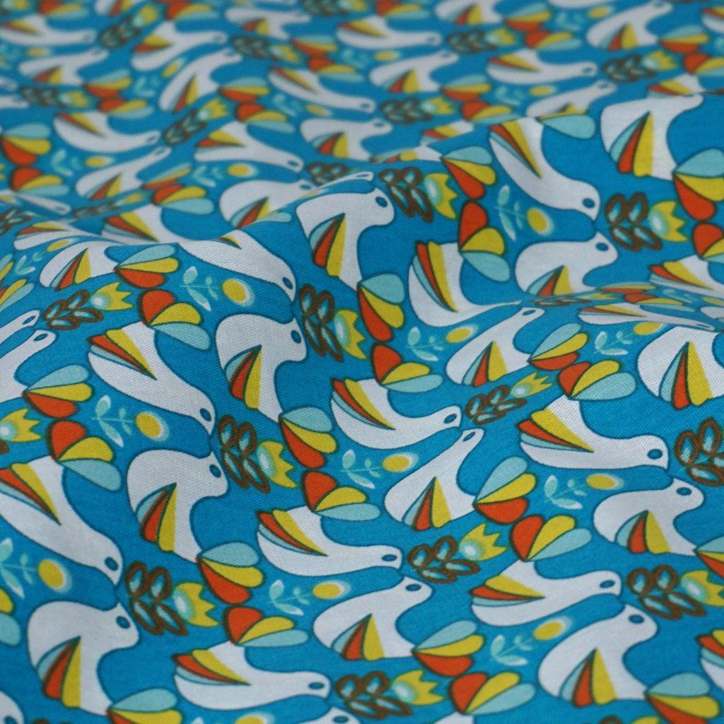 Baumwollstoff Motivdruck Retro Vögel türkisblau gelb orange